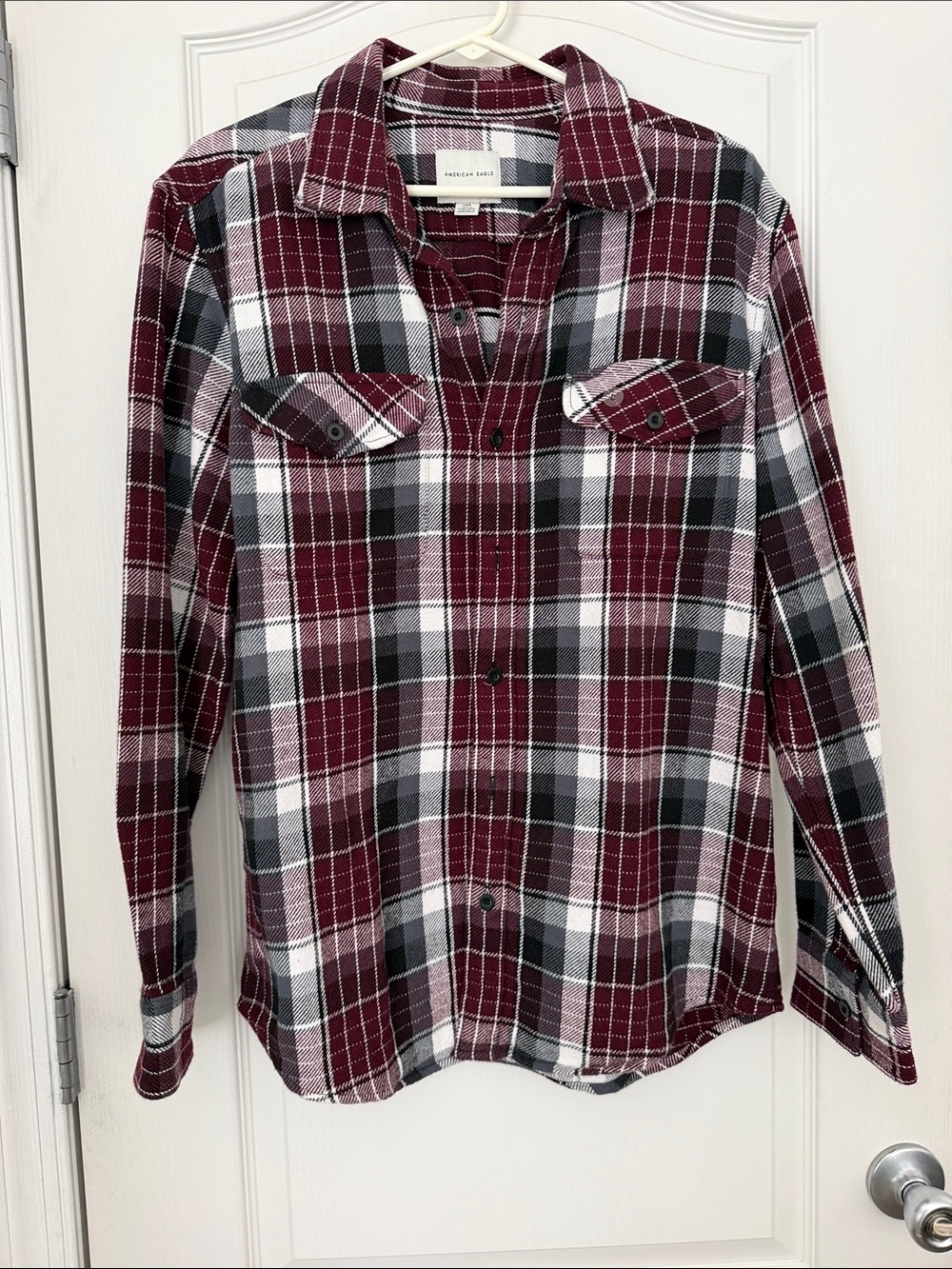 American Eagle Outfitters Burgundy Plaid Long-Sleeve Shirt